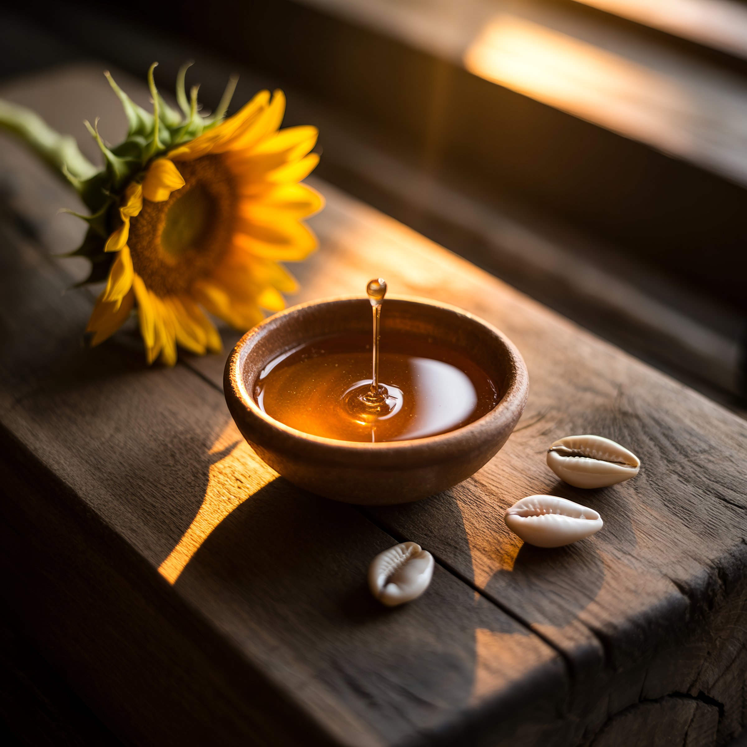 Honey pouring into a clay bowl in warm light, with three cowrie shells and a sunflower