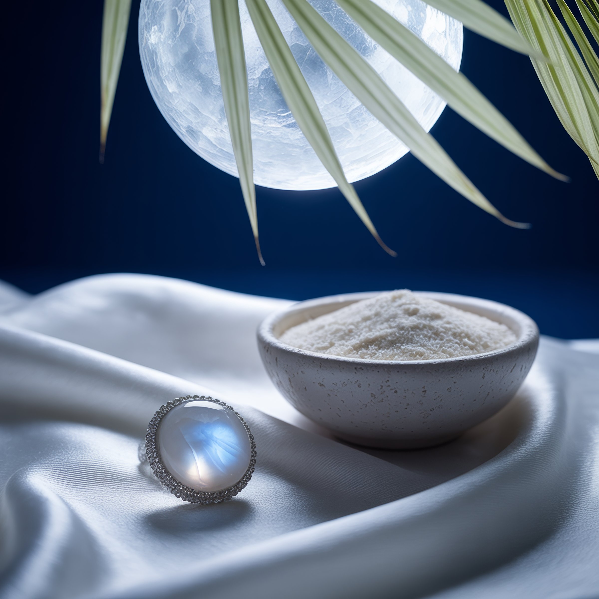 A moonstone in silver setting under the full moon, with white cornmeal and pale palm leaves