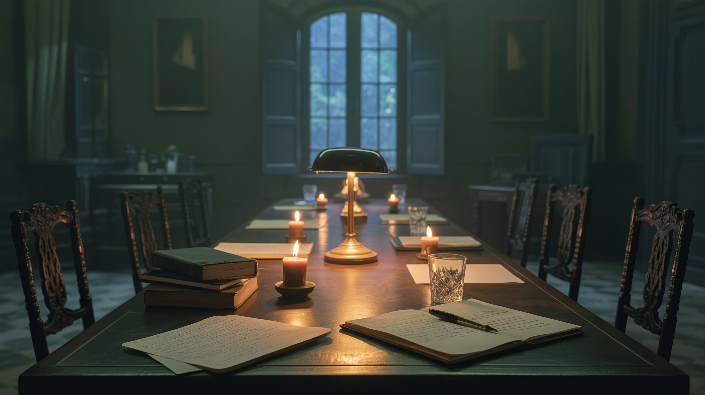 A long writing-room table at dusk, lit by a brass banker's lamp and candlelight, manuscript pages and an open notebook in the foreground