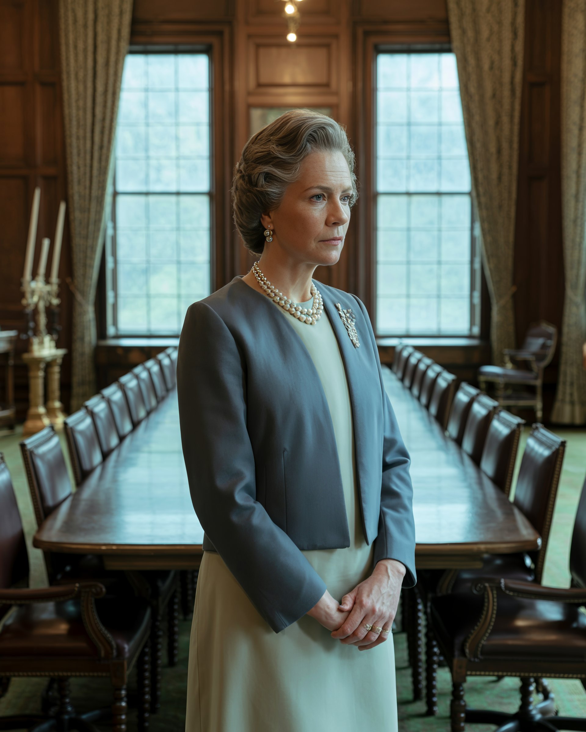 Dame Olivia Bancroft in the Clerkenwell Room, the long table and twelve chairs, London